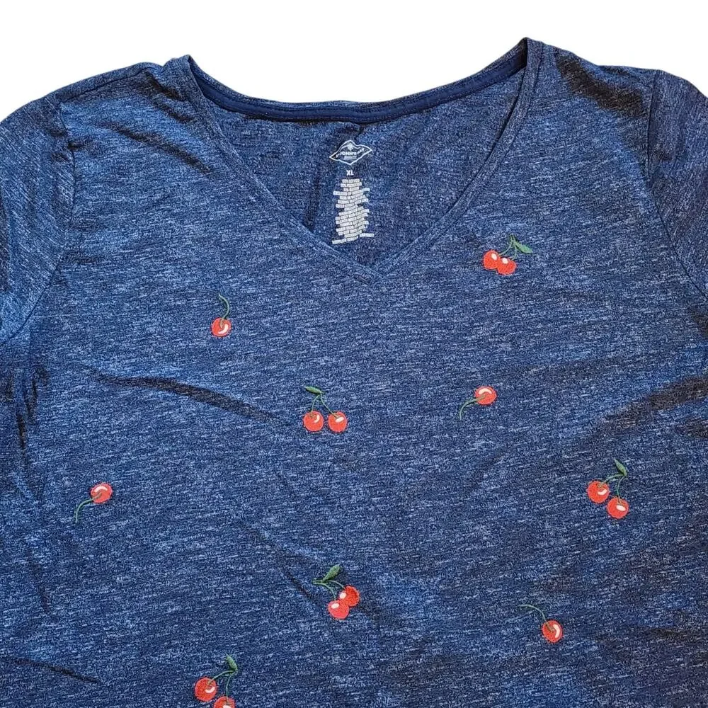 St Johns Bay Womens V-Neck Tee Size XL Blue Embroidered Cherries Short Sleeve